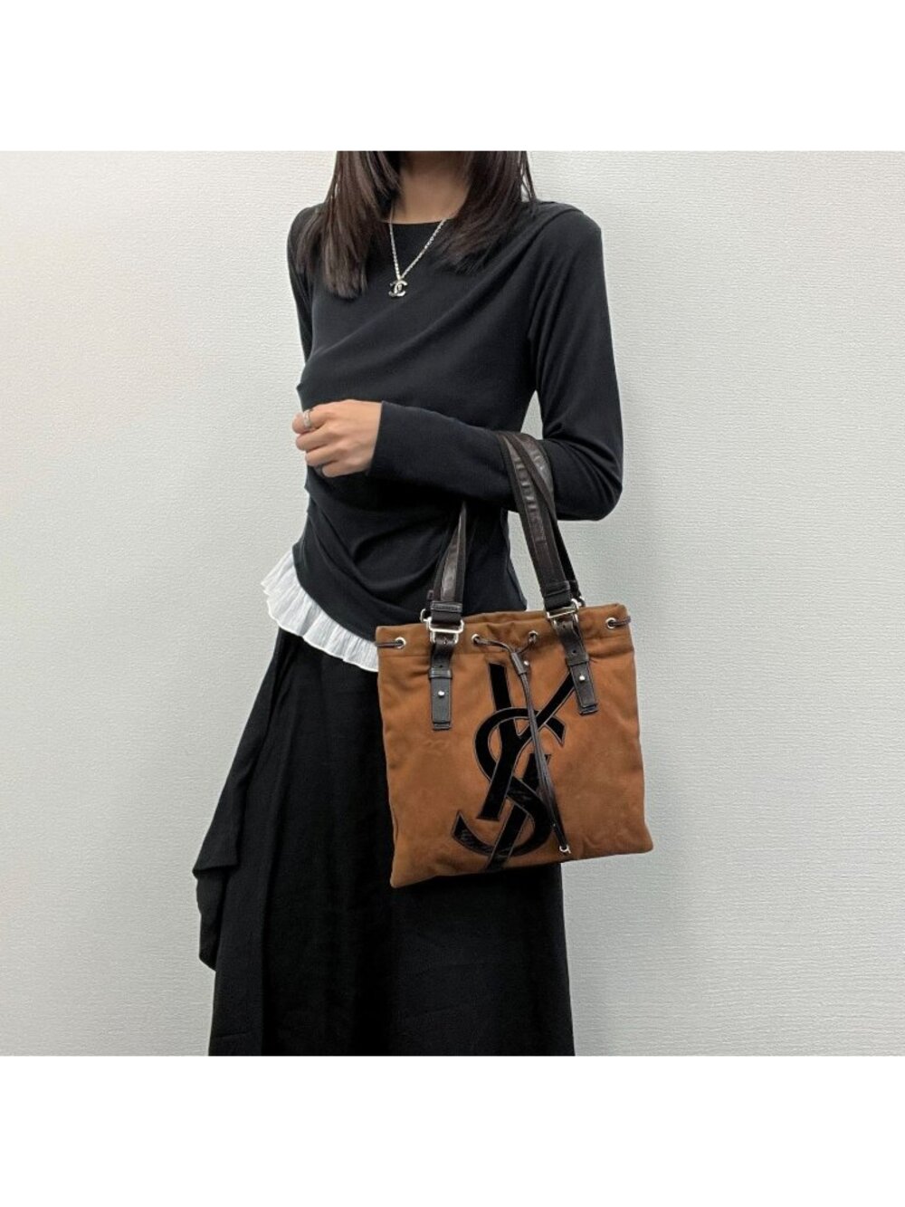 Saint Laurent Kahala YSL Logo Applique Drawstring Flat Tote Bag Canvas Camel